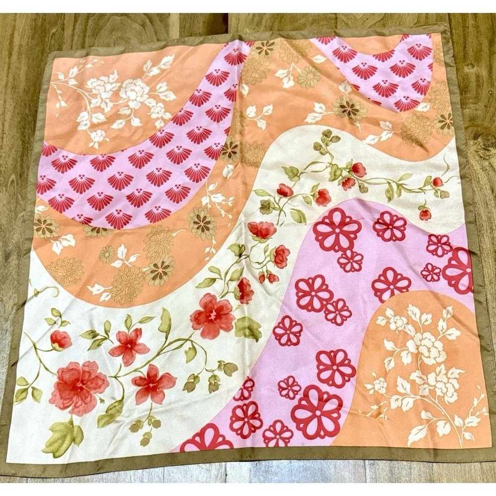 Vintage 70s Floral Patchwork Square 21"x20" Pink Orange Scarf